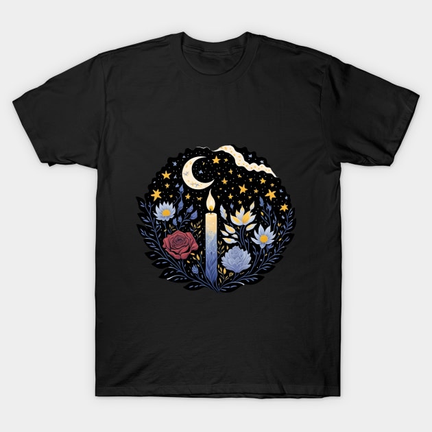 Candle Flowers and Starry Sky T-Shirt by Shaymalily